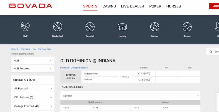 An image of the betting screen from Everygame, a popular online sportsbook in Indiana.